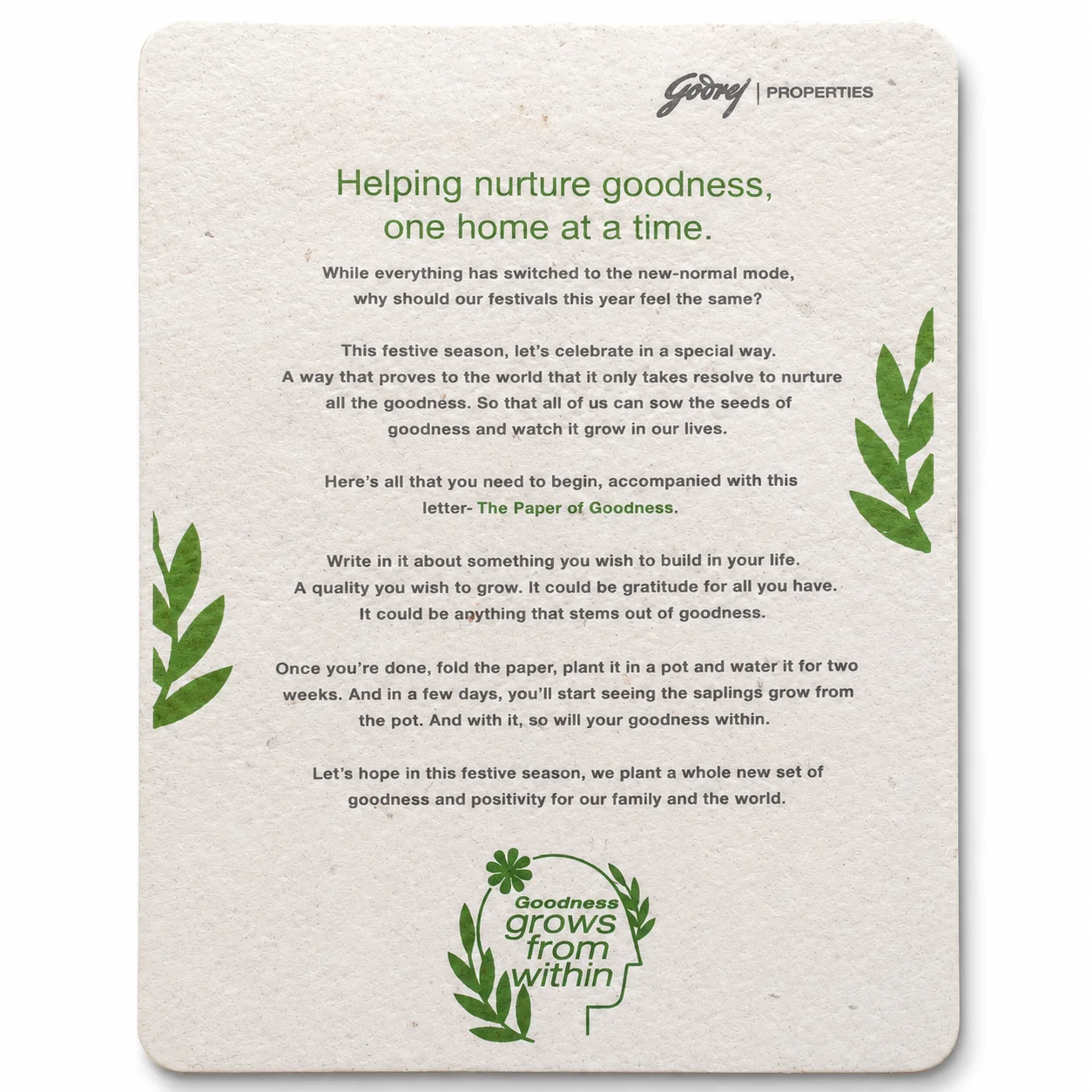 Close view of a custom printed corporate message on textured seed paper