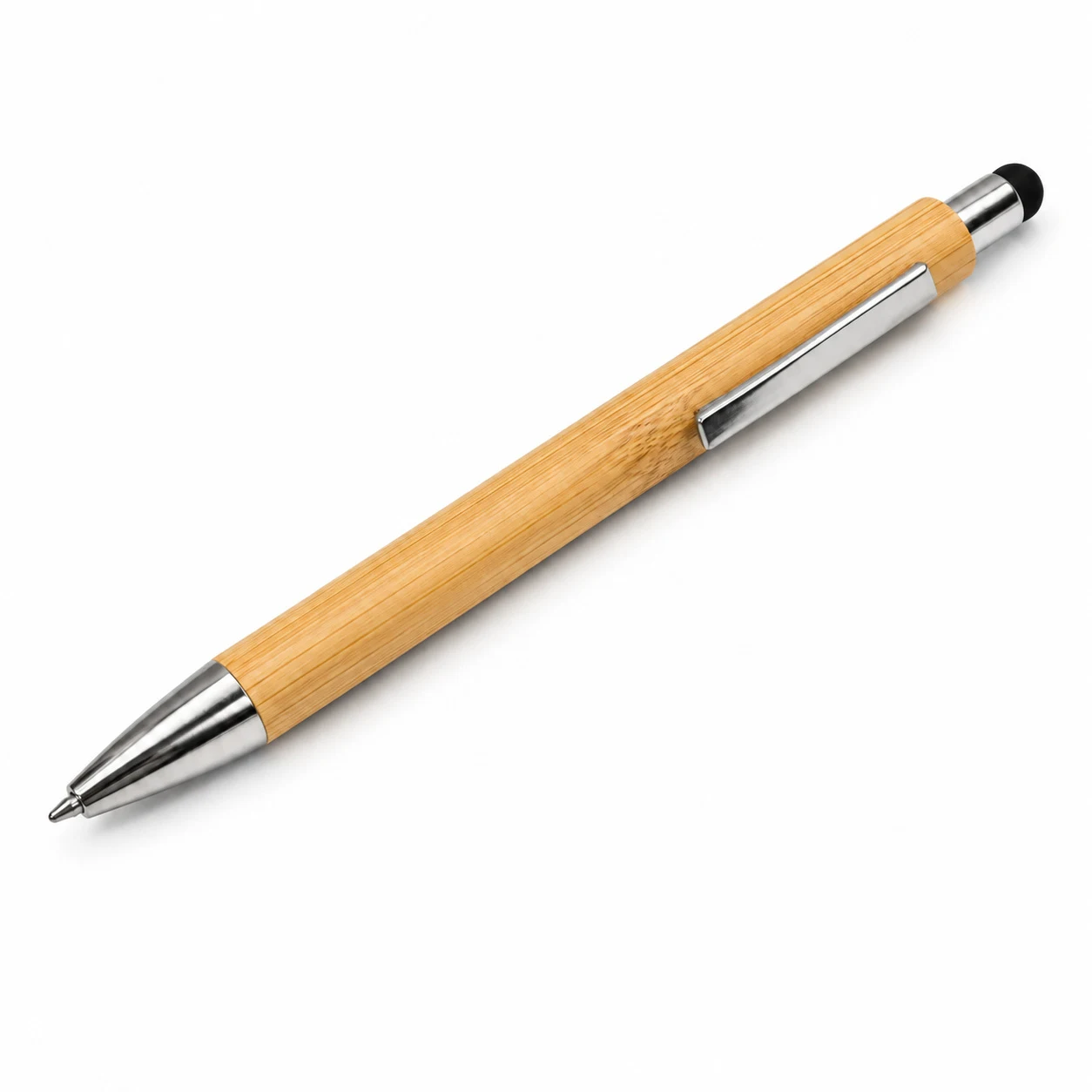 Bamboo stylus pen on white: a bamboo barrel, metal clip and tip, and a black stylus end
