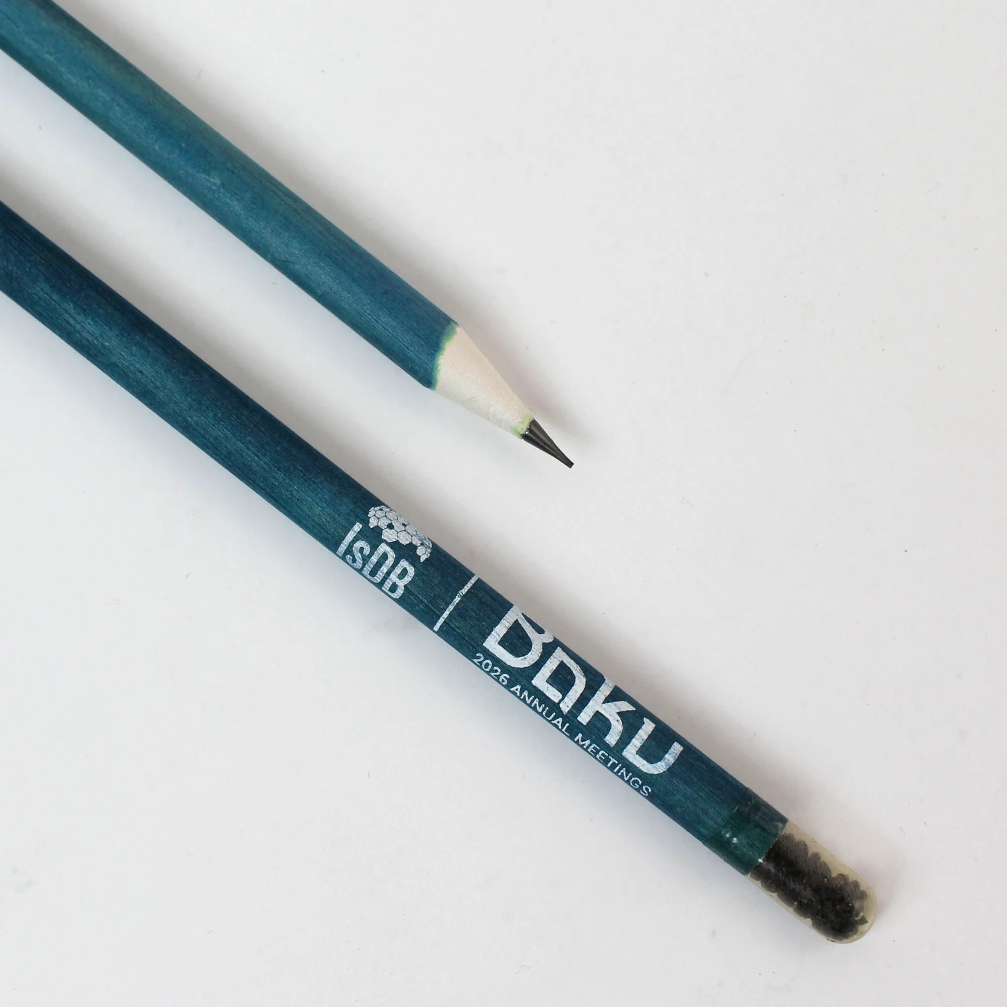Two teal seed pencils printed with an event logo and meeting name, one sharpened and one showing its seed capsule