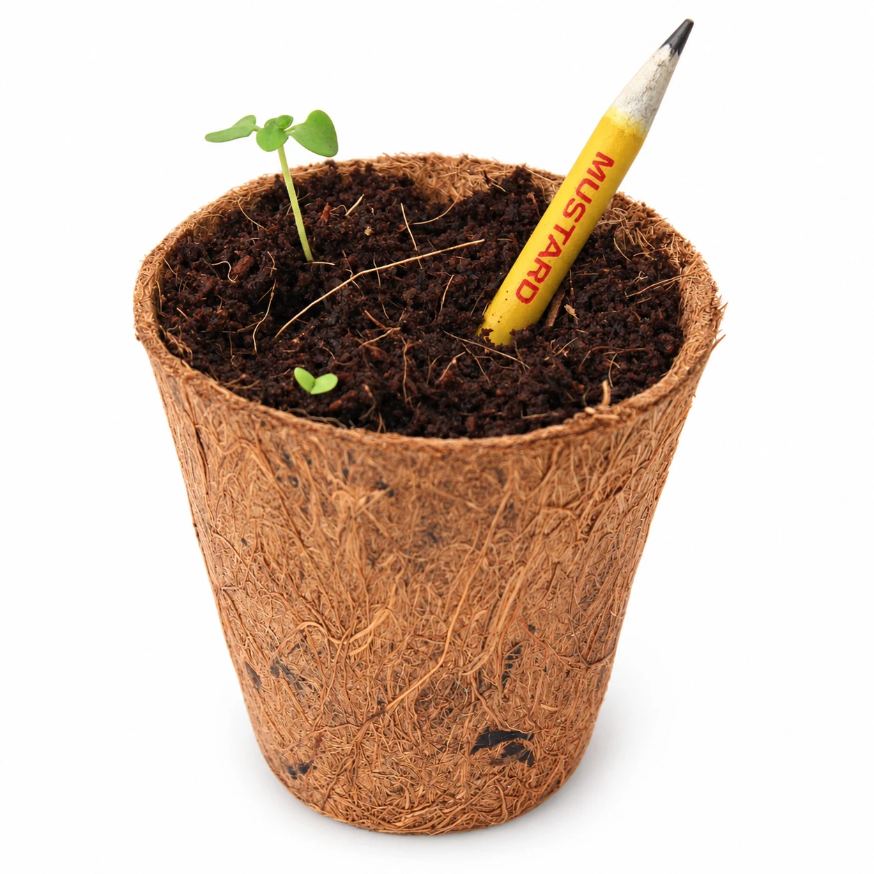 A used yellow mustard seed pencil planted in a coir pot beside a young shoot