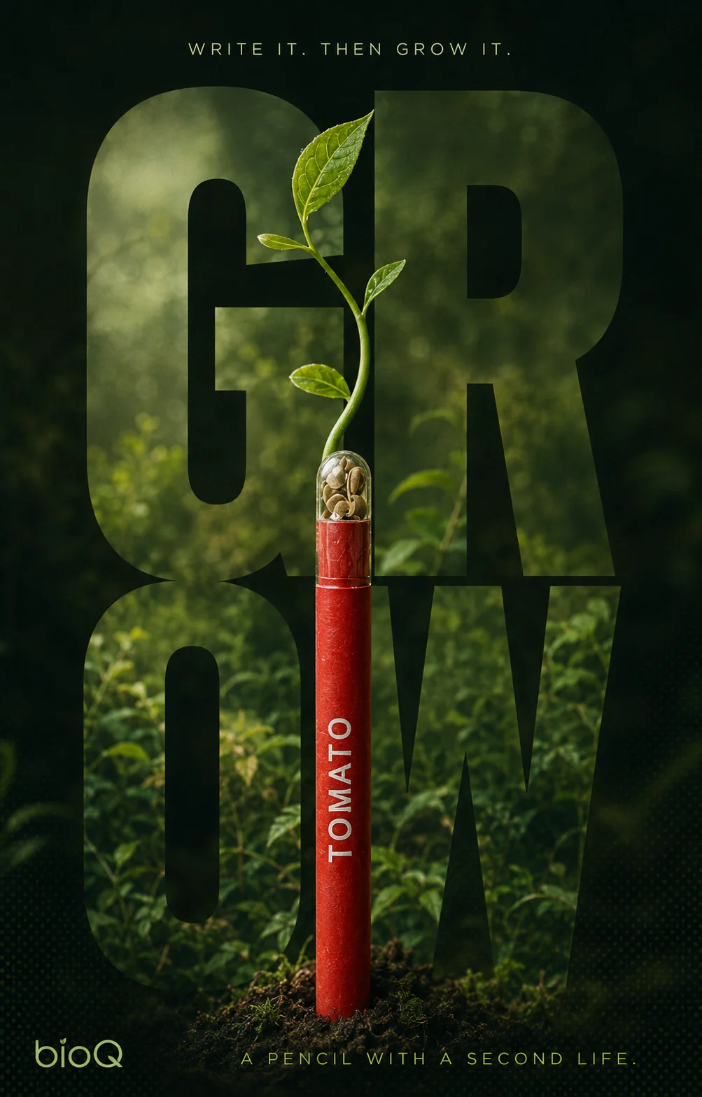 bioQ poster of a red tomato seed pencil planted upright in soil with a shoot growing from its seed capsule, under the word grow