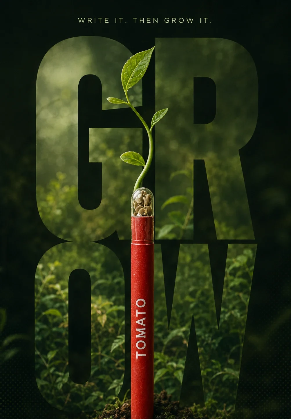 bioQ poster of a red tomato seed pencil planted upright in soil with a shoot growing from its seed capsule, under the word grow