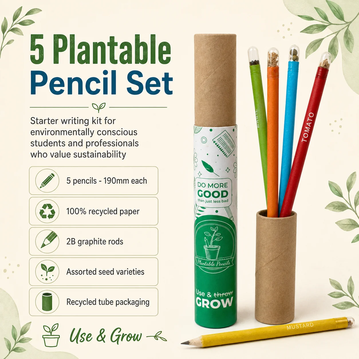 Product information graphic for the five-piece plantable pencil set