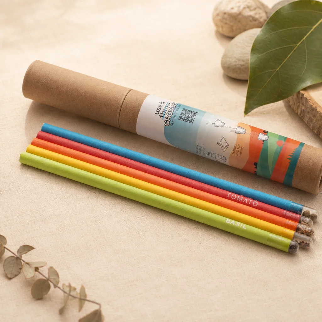 A plantable pencil set shown in use beside a small pot