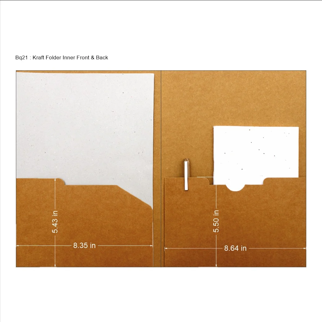 Dimension drawing headed Bq21 kraft folder inner front and back, showing the front pocket at 8.35 by 5.43 inches and the back pocket at 8.64 by 5.50 inches, with a pen loop on the back pocket and white sheets tucked into both