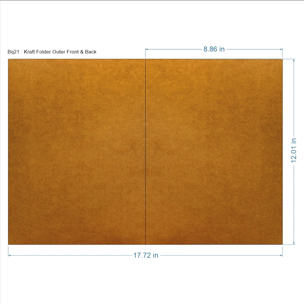 Dimension drawing headed Bq21 kraft folder outer front and back, showing the cover flat at 17.72 inches wide by 12.01 inches tall, with each panel 8.86 inches across