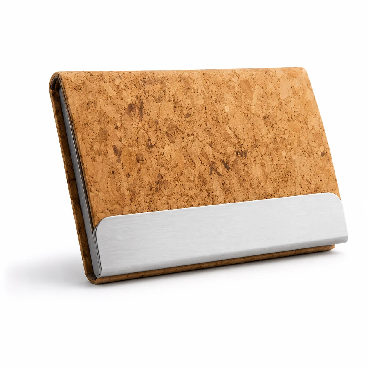 Cork visiting card holder: a cork cover over a brushed-metal case