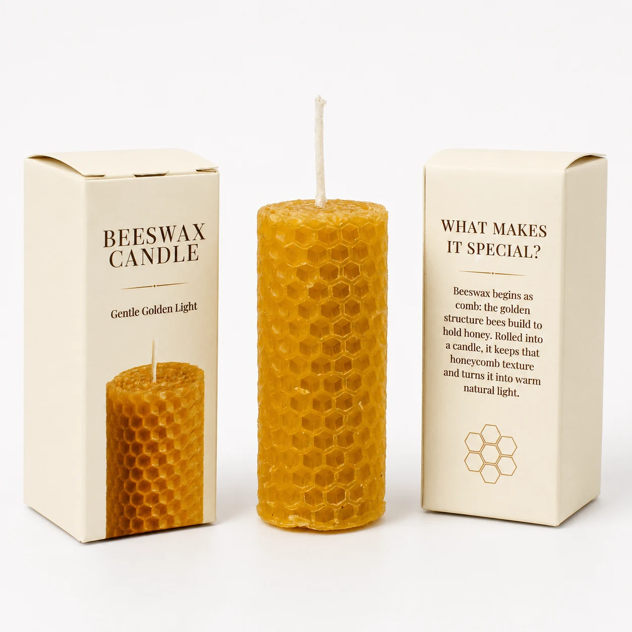 Pure beeswax candle with honeycomb texture