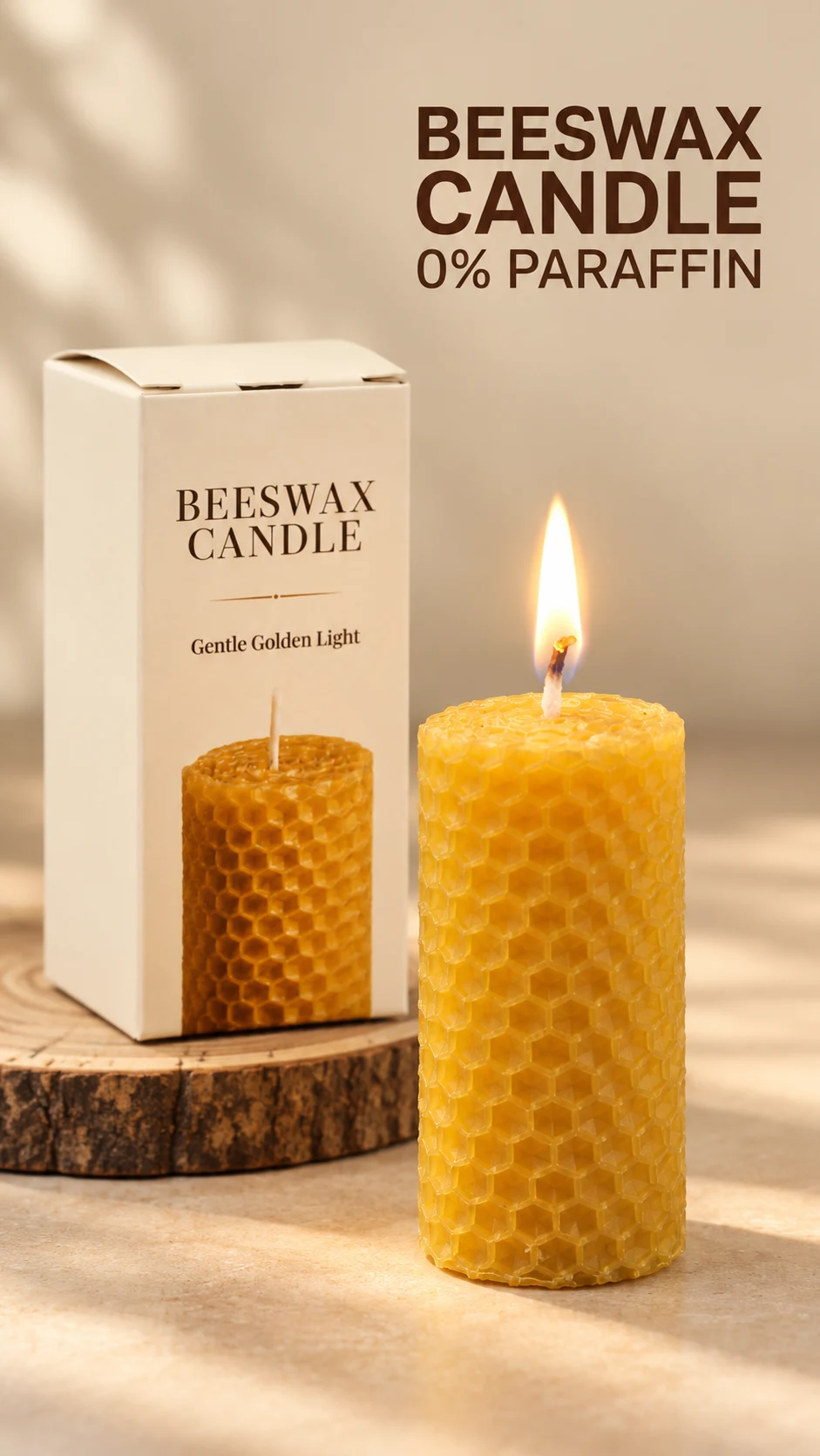 bioQ poster headed beeswax candle, 0% paraffin, showing three honeycomb candles on a dark surface — one lit, one unlit, and one lying in its printed sleeve