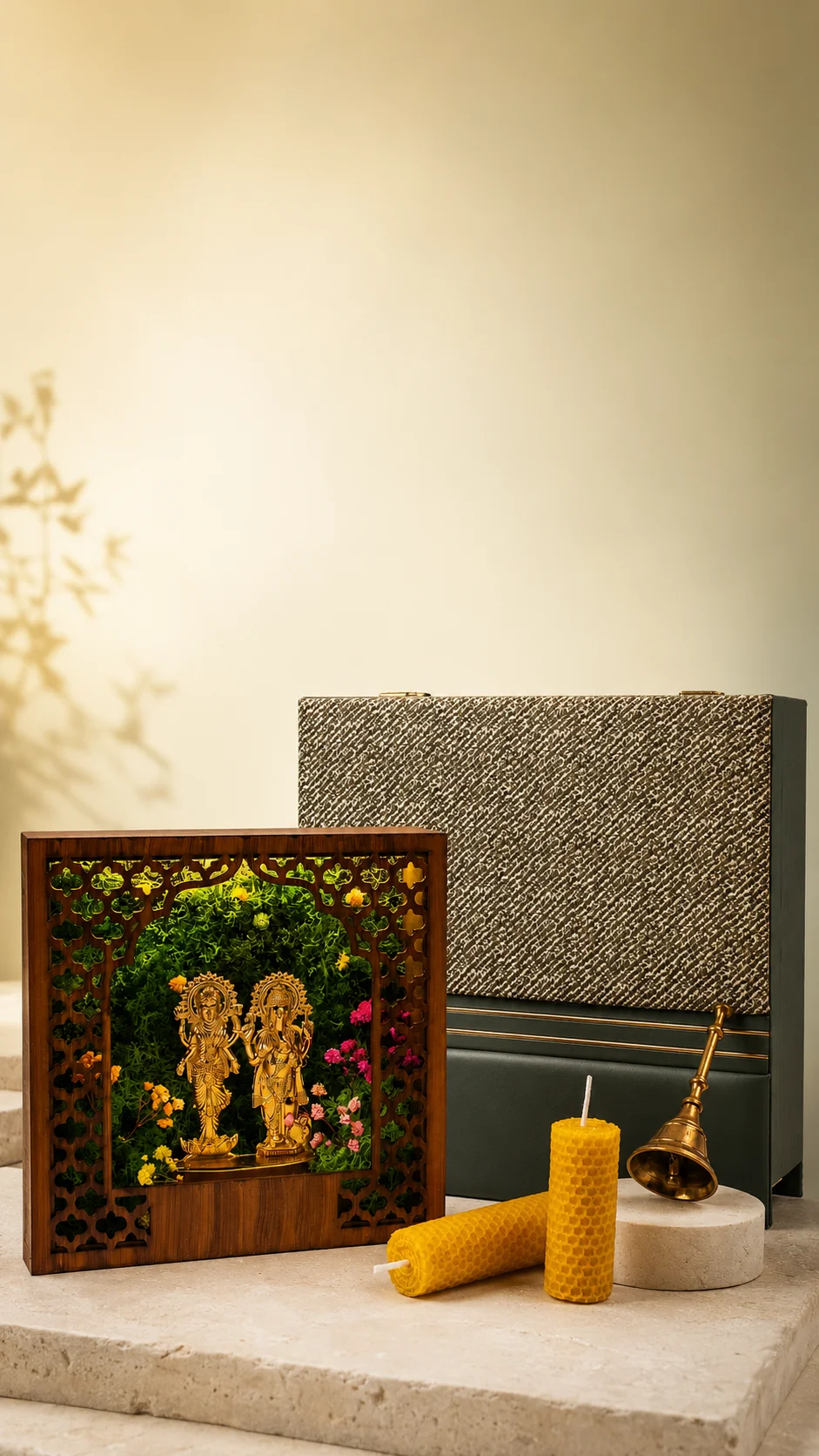 Forest Namah Diwali Ritual Chest: a lit preserved-forest Laxmi-Ganesh display beside beeswax candles and a brass pooja ghanti