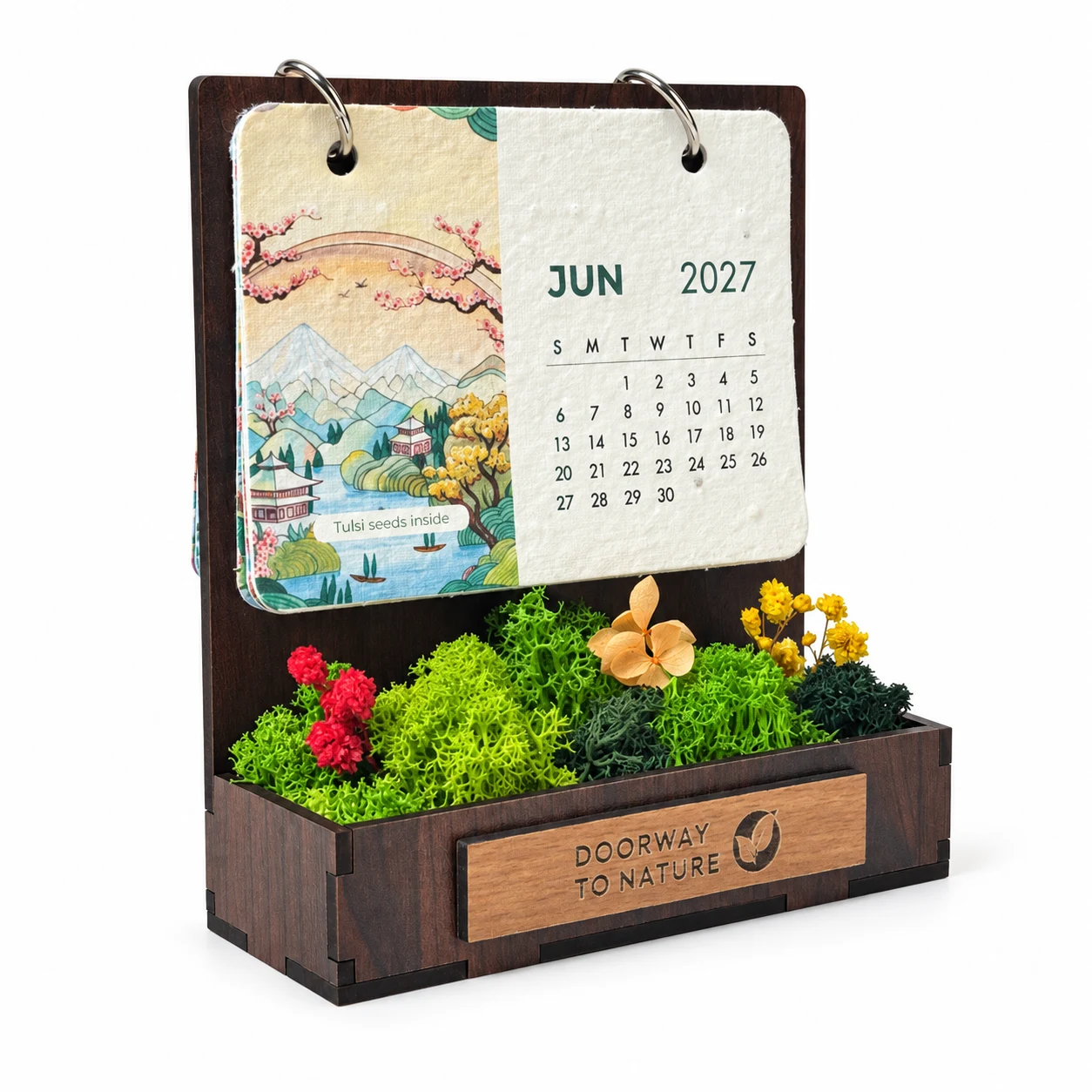 Forest Garden Desk Calendar, a seed paper calendar on rings above a preserved moss garden