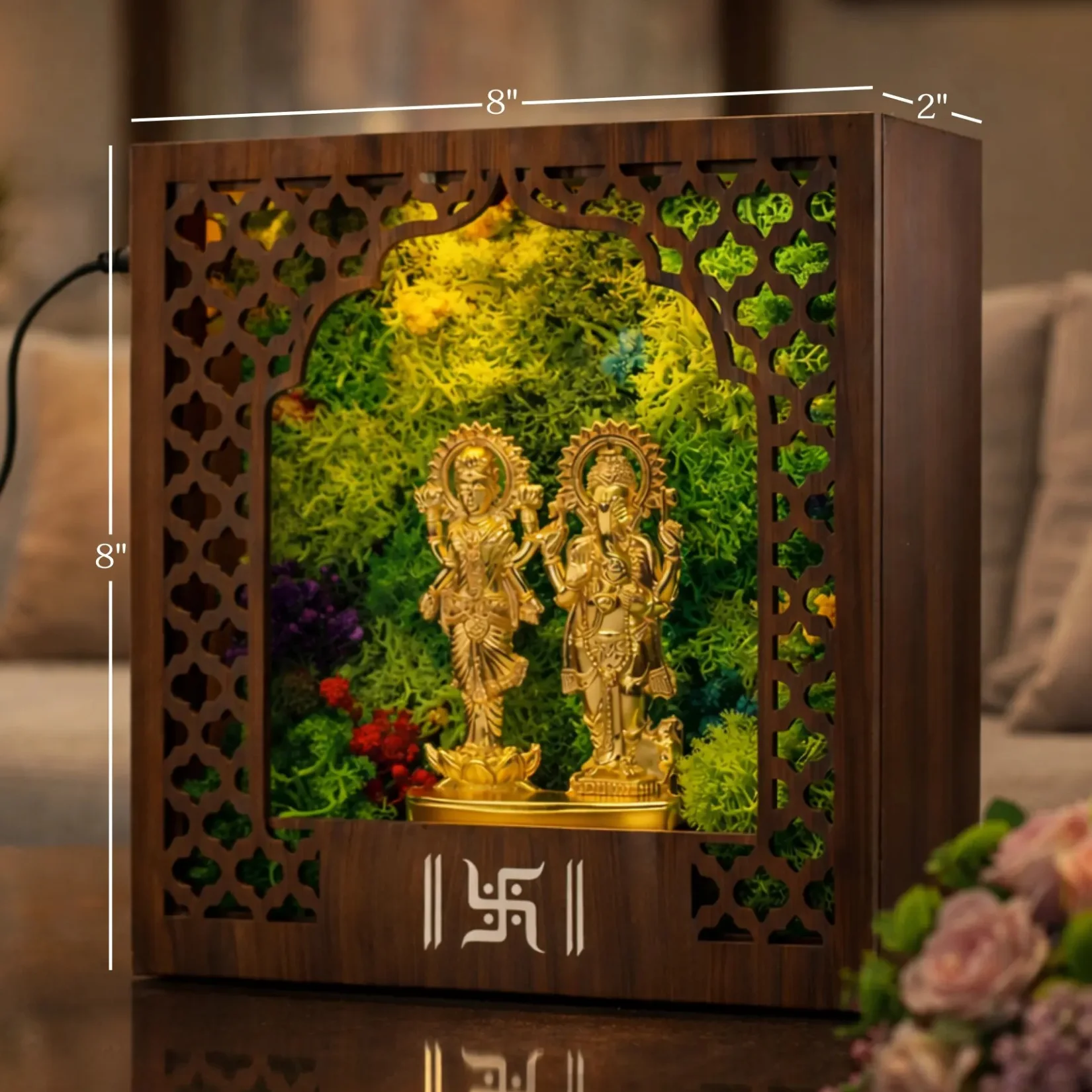 Forest Namah mandir labelled 8 inches wide, 8 inches high and 2 inches deep