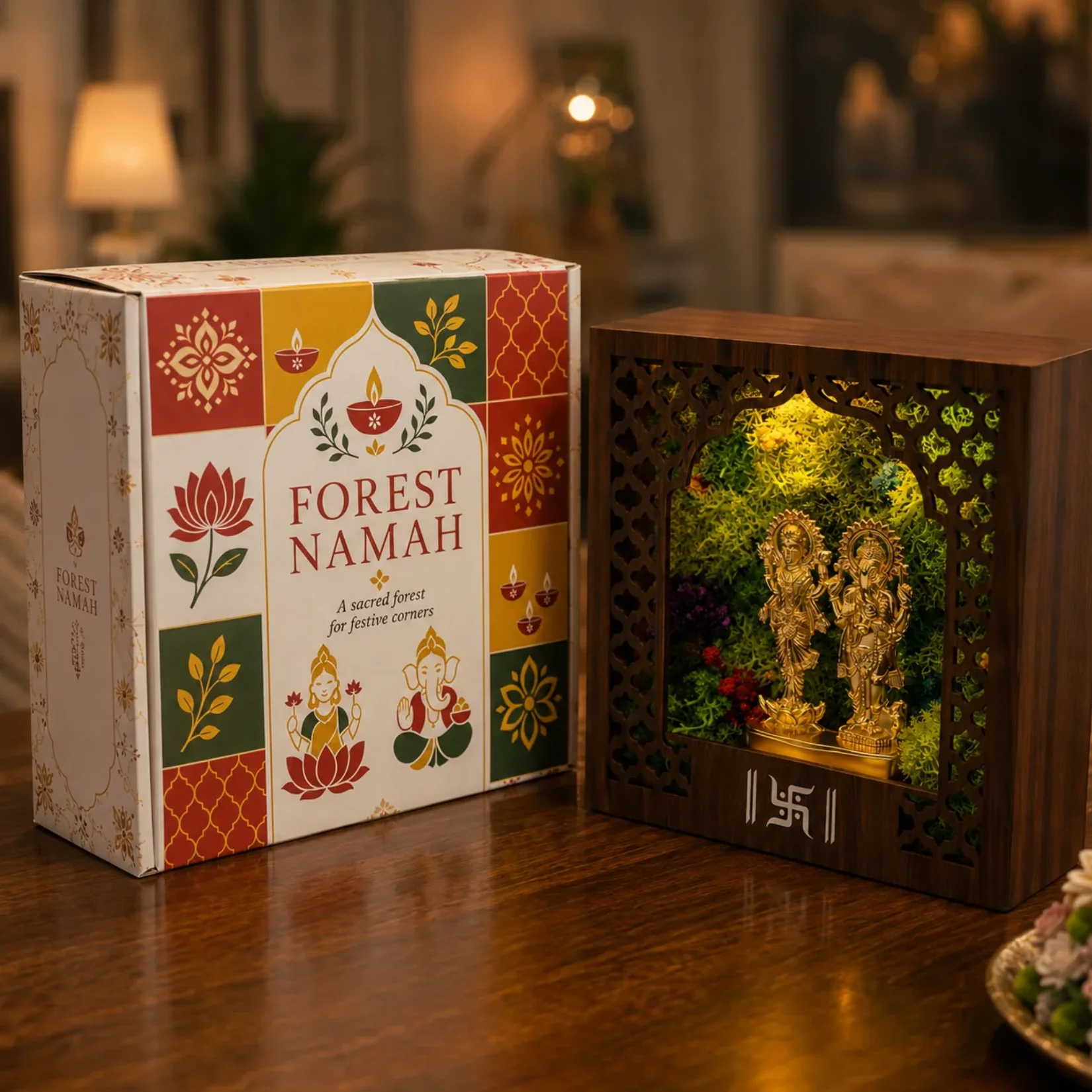 Lit Forest Namah mandir on a table beside its printed festive corrugated box