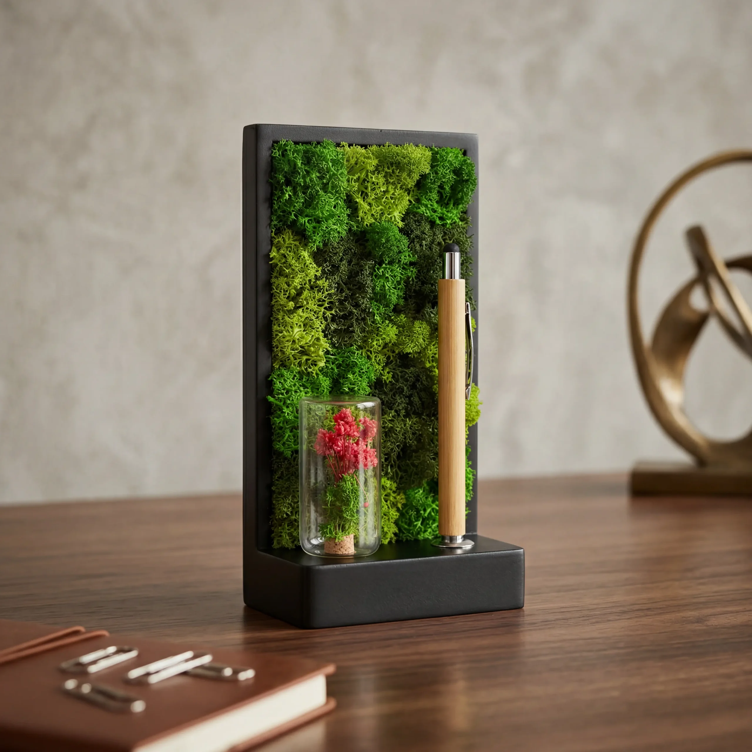 Forest Wall Stand with preserved moss, bamboo pen and botanical capsule on a desk