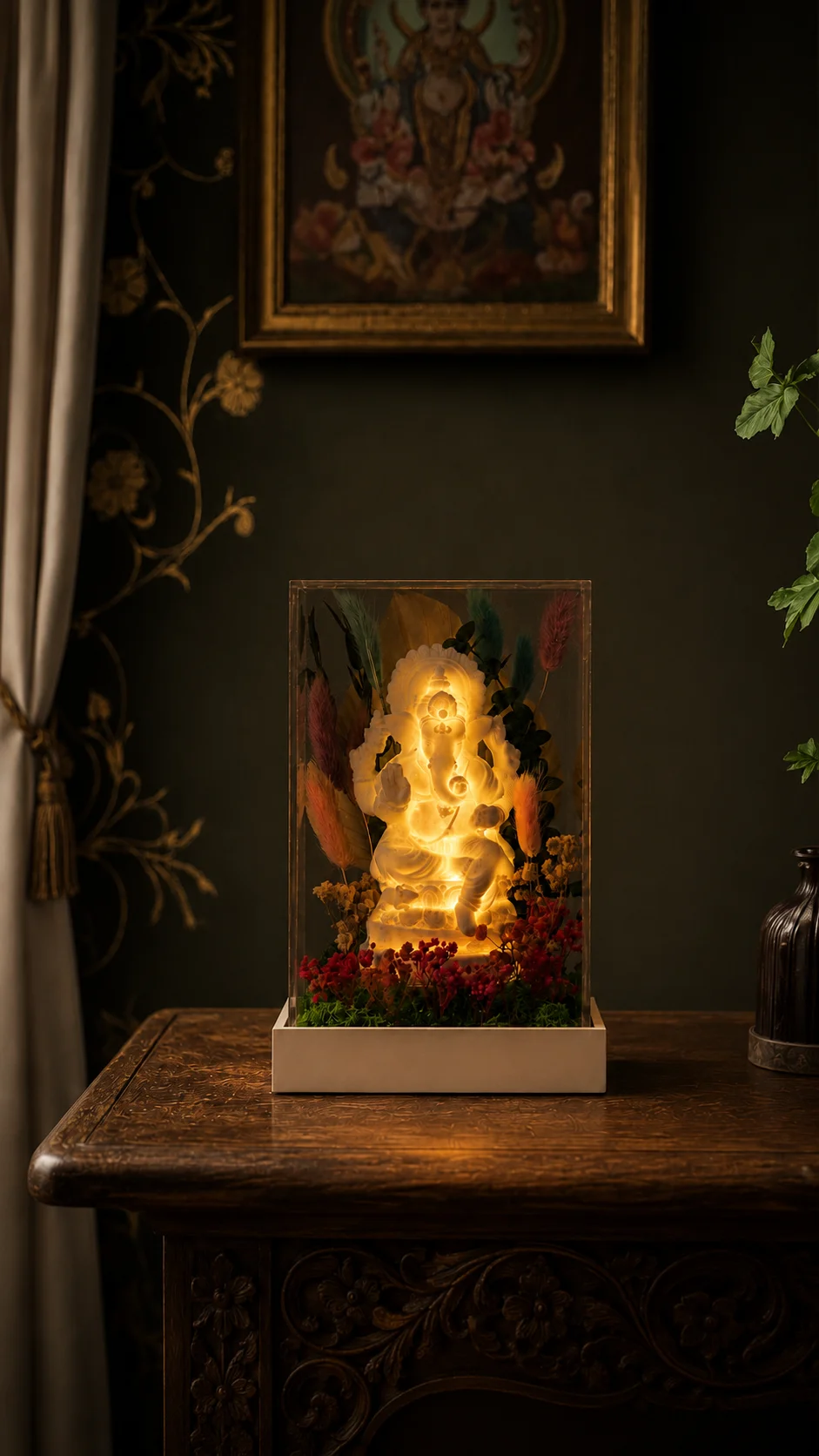 Illuminated Ganesha terrarium on an indoor display table