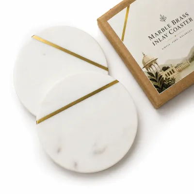 Set of 2 Marble coaster round | 4" | Brass inlay