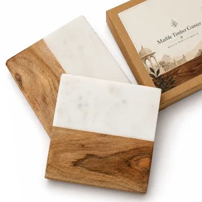 Set of 2 Marble + Wood coaster Square | 4"