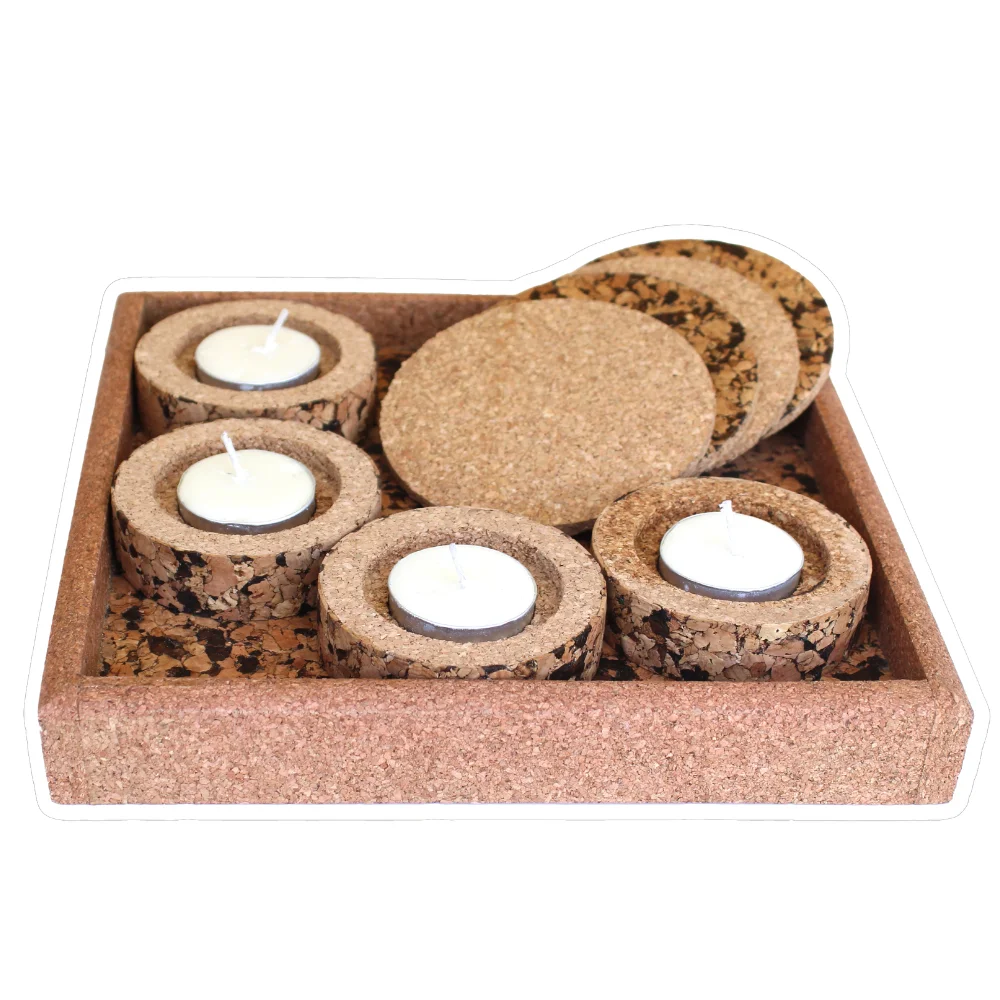 SC801 tray with four unlit cork diya holders and four coasters