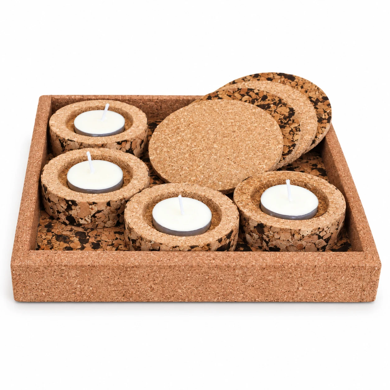 SC801 tray with four unlit cork diya holders and four coasters
