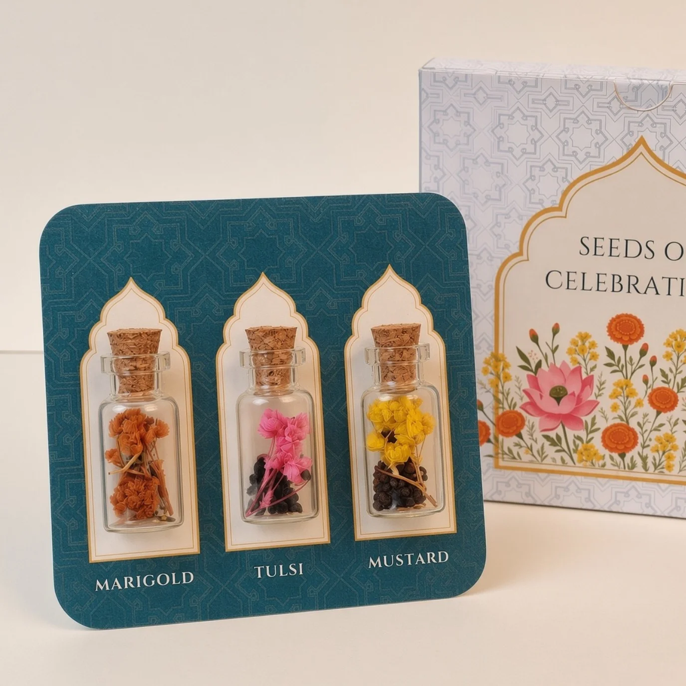 Seeds of Celebration gift with three seed bottles in festive packaging