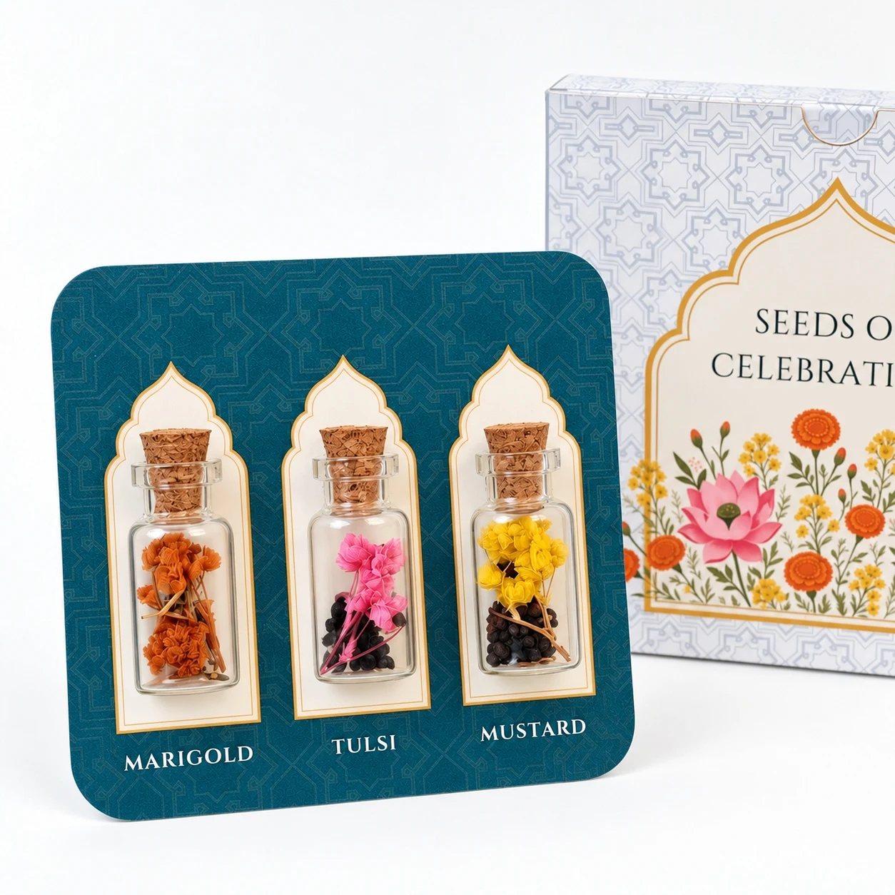 Seeds of Celebration gift with three seed bottles in festive packaging