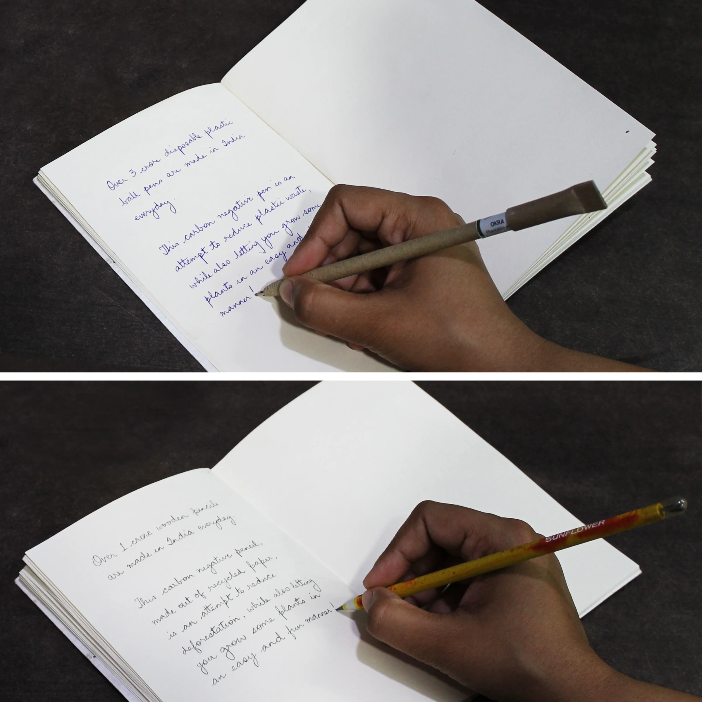 Two panels showing the set in use: a hand writing in blue ink with a kraft pen labelled okra, and the same hand writing with a yellow pencil labelled sunflower
